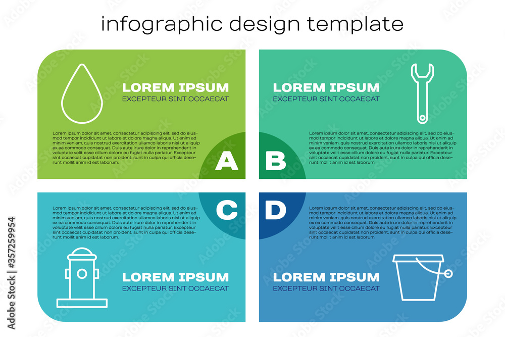 设置线消防栓、水滴、水桶和扳手。商业信息图模板。Vector