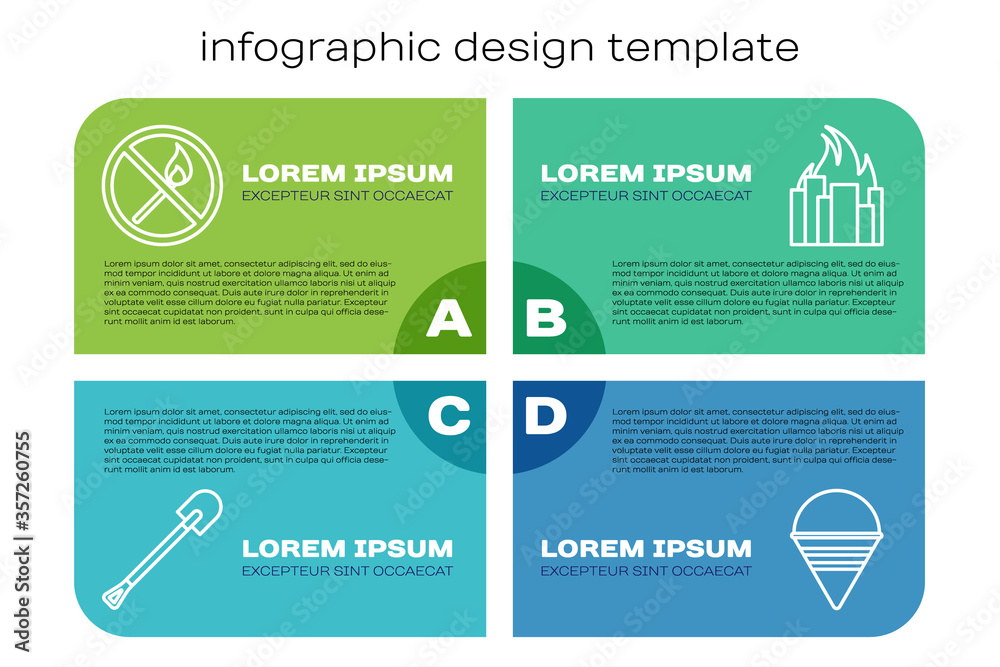 Set line Fire shovel, No fire match, Fire cone bucket and Fire in burning buildings. Business infogr