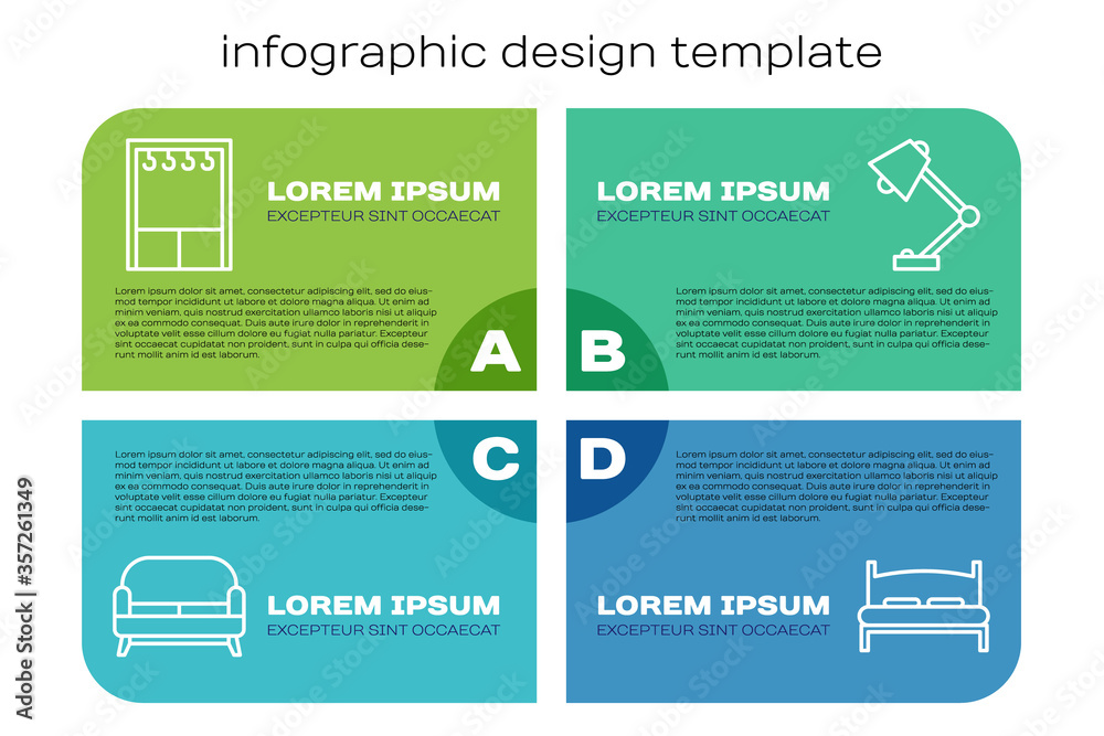 套装沙发、衣柜、大床和台灯。商业信息图模板。矢量。