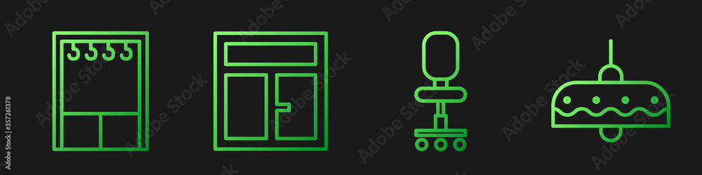 设线办公椅、衣柜、房间窗户和吊灯。渐变色图标。矢量。