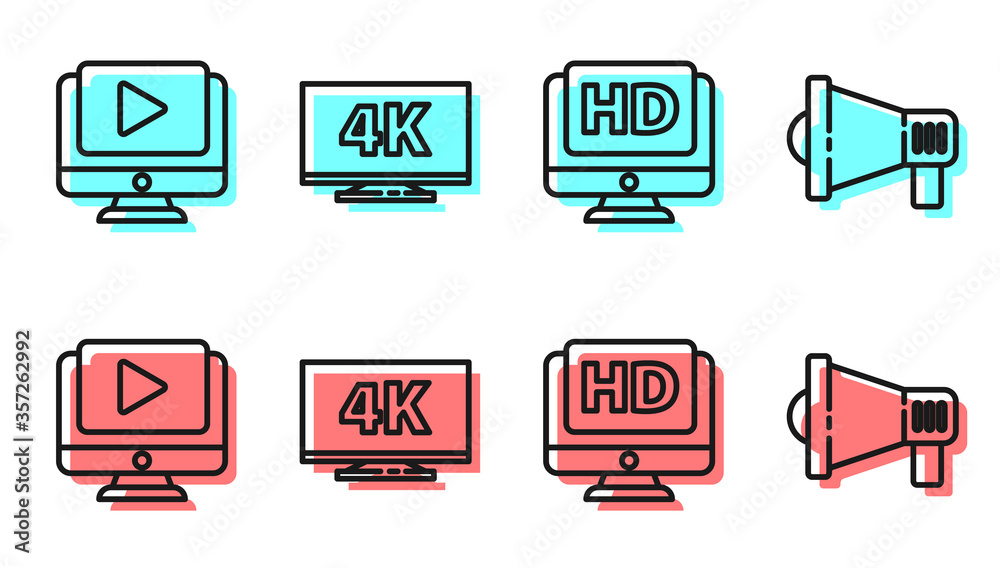 Set line Monitor with HD video, Online play video, Screen tv with 4k and Megaphone icon. Vector.