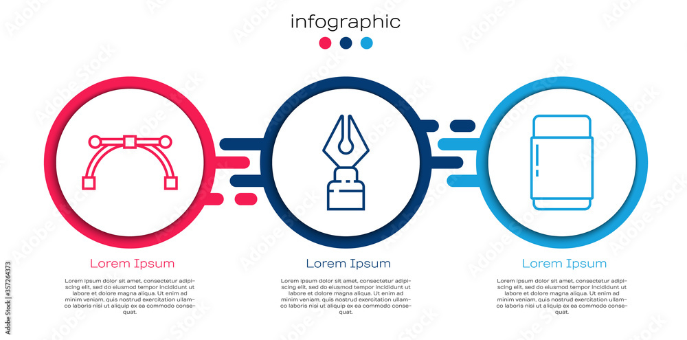 设置线条贝塞尔曲线、Fountain笔尖和橡皮擦或橡胶。商业信息图模板。矢量。