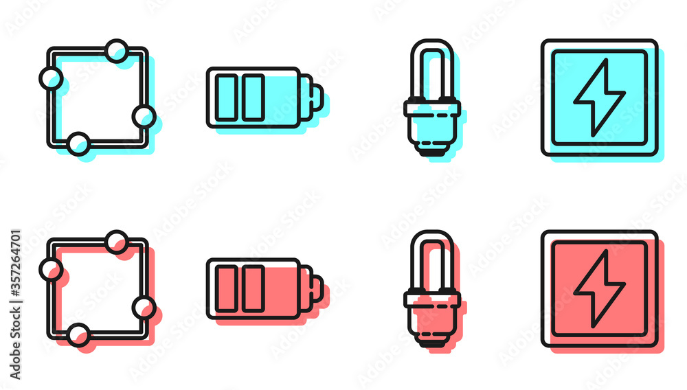 Set line LED light bulb, Electric circuit scheme, Battery charge level indicator and Lightning bolt 