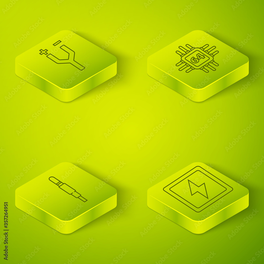 Set Isometric Processor with microcircuits CPU, Audio jack, Lightning bolt and Electric cable icon. 