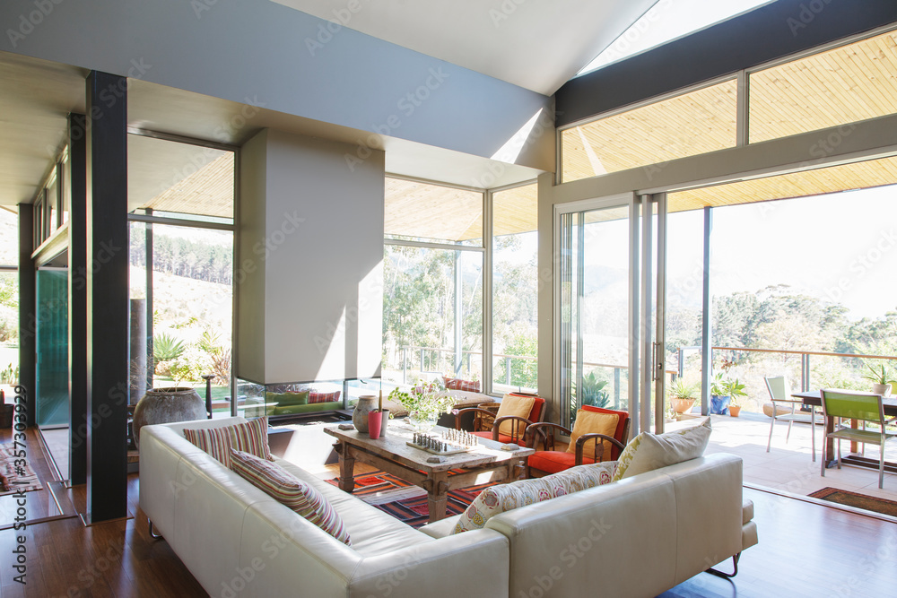 Modern living room with large sofas and coffee table