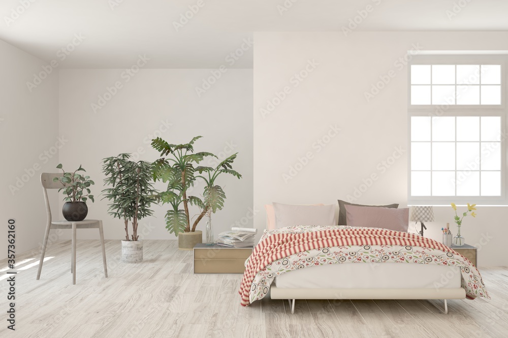 White bedroom interior. Scandinavian design. 3D illustration