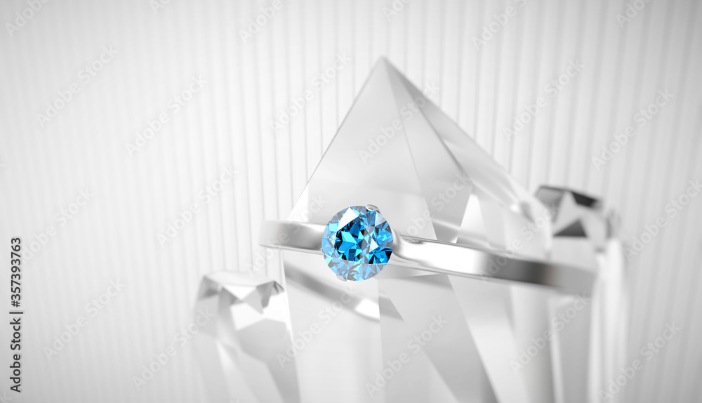 Blue sapphire diamond ring put in a crystal soft focus 3d rendering 