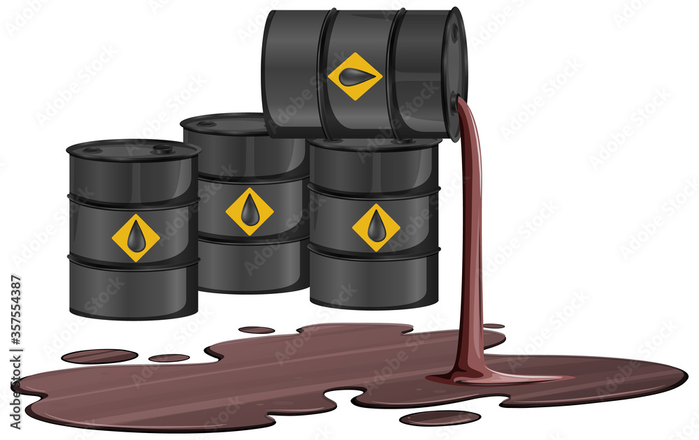 Black oil barrels with crude sign spill oil on the floor isolated on white background