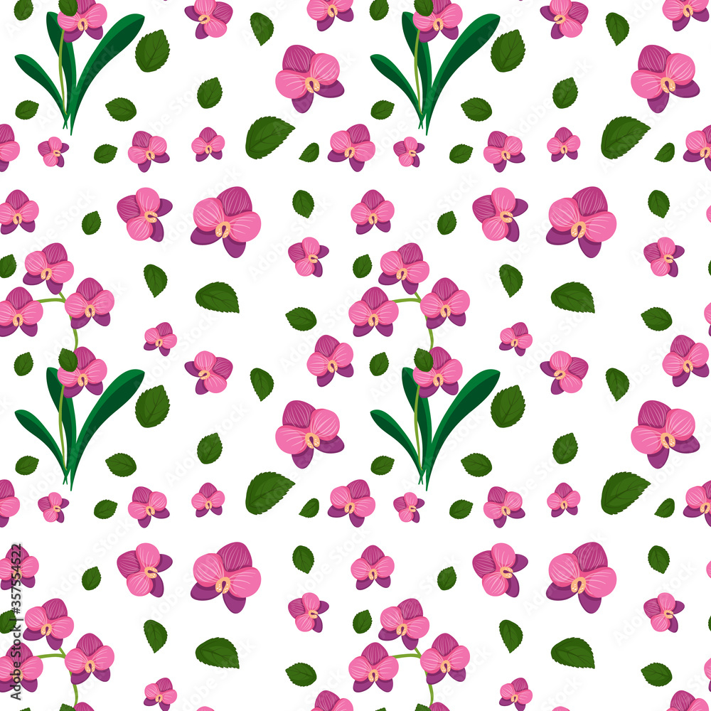 Seamless pattern with cute pink flower and leaf