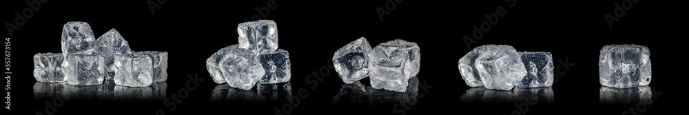 Set of ice cubes reflection on black table background