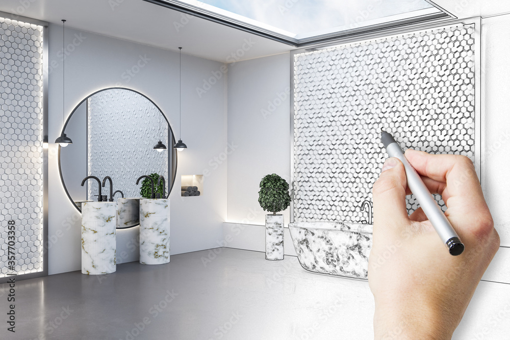 Hand drawing white marble bathroom interior