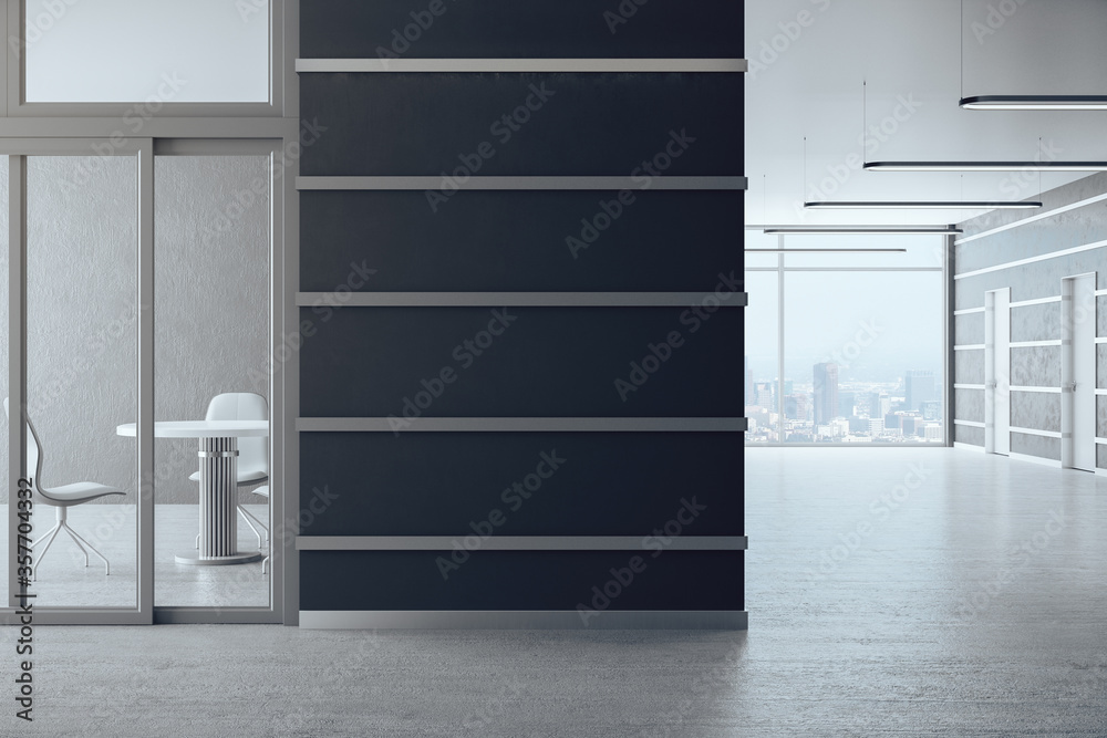 Minimalistic office hall with empty gray wall.