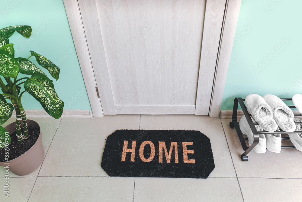 Interior of modern stylish hallway with door mat