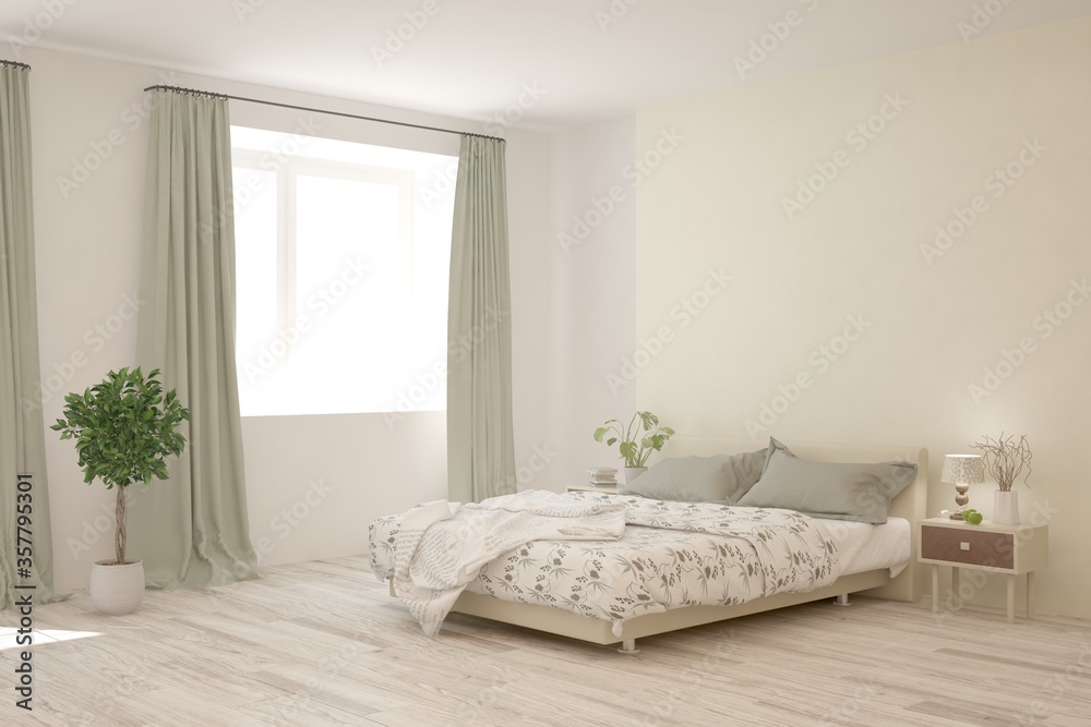 White bedroom interior. Scandinavian design. 3D illustration