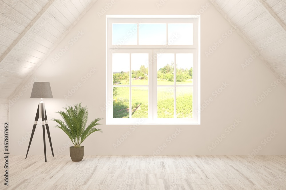 White empty room with summer landscape in window. Scandinavian interior design. 3D illustration