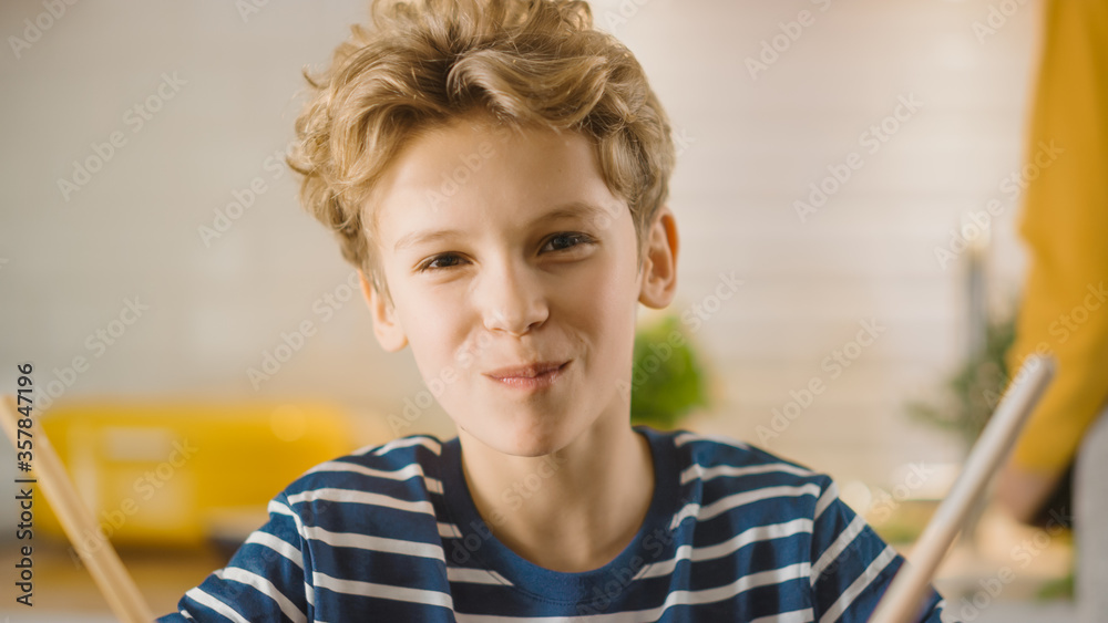 In Kitchen: Little Boy Smiling at the Camera with Mouth full of Food Snacks. Healthy Dinner. Little 