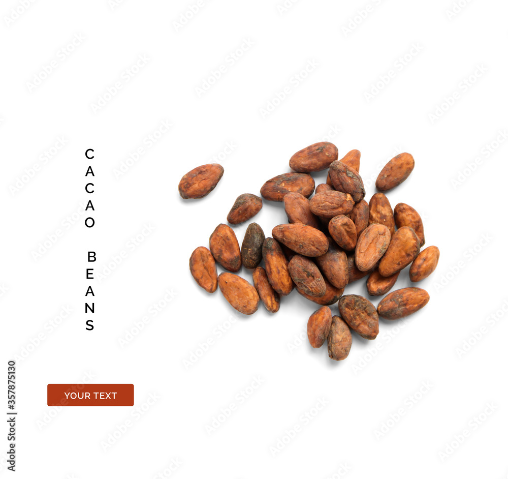 Creative layout made of cacao beans on white background.Flat lay. Food concept.