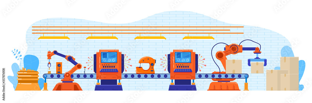 产品包装由机器人矢量插图。卡通平面自动工厂输送过程上