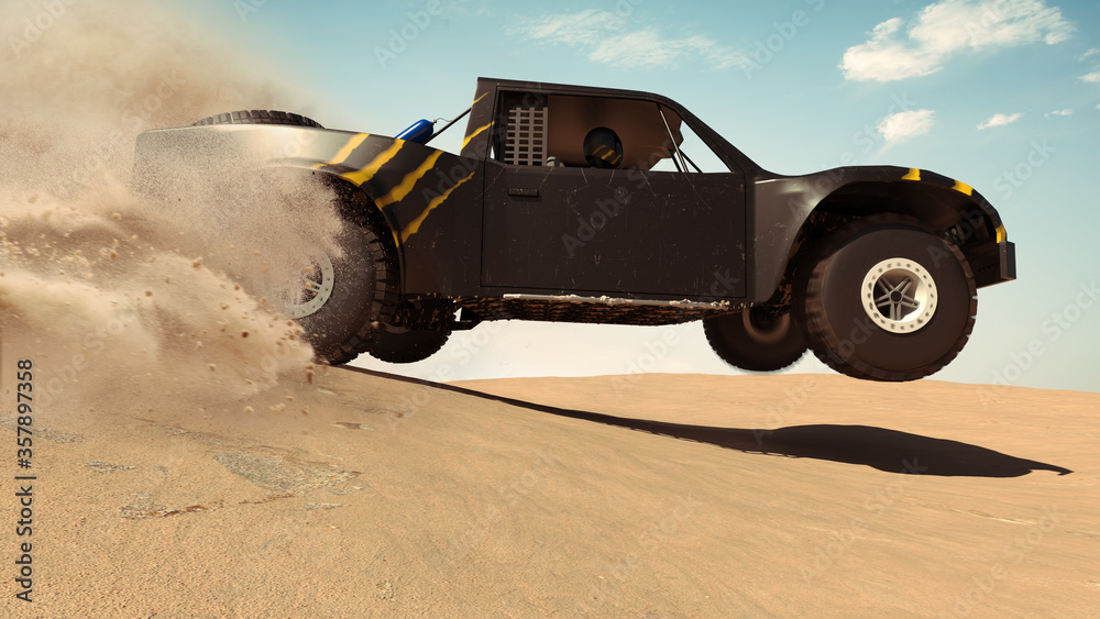 Trophy Truck in desert. Render 3d. Illustration.