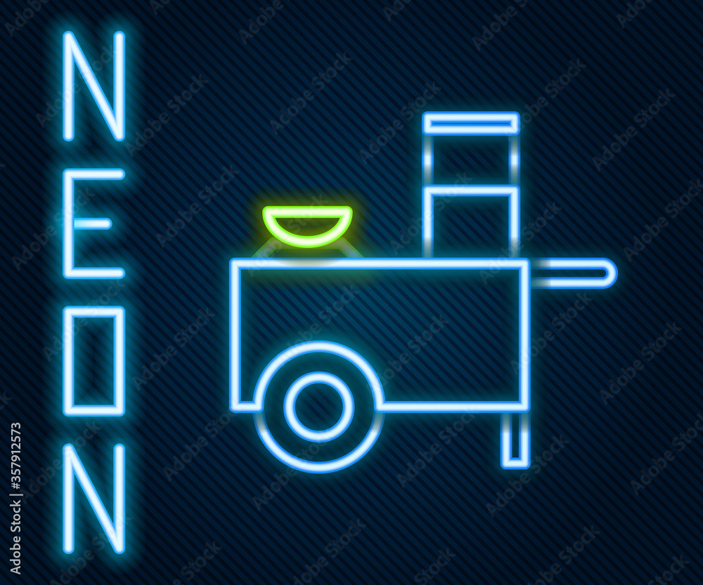 Glowing neon line Fast street food cart icon isolated on black background. Urban kiosk. Colorful out