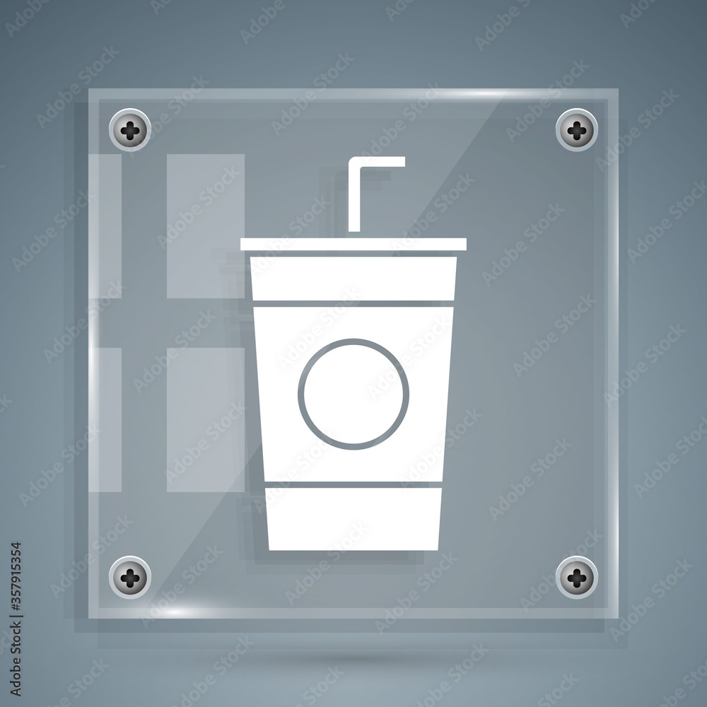 White Paper glass with drinking straw and water icon isolated on grey background. Soda drink glass. 