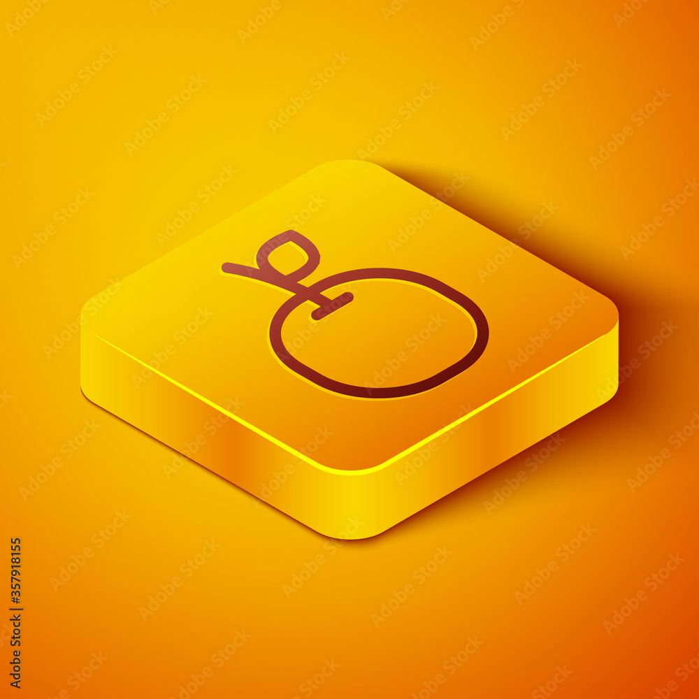 Isometric line Apple icon isolated on orange background. Fruit with leaf symbol. Yellow square butto