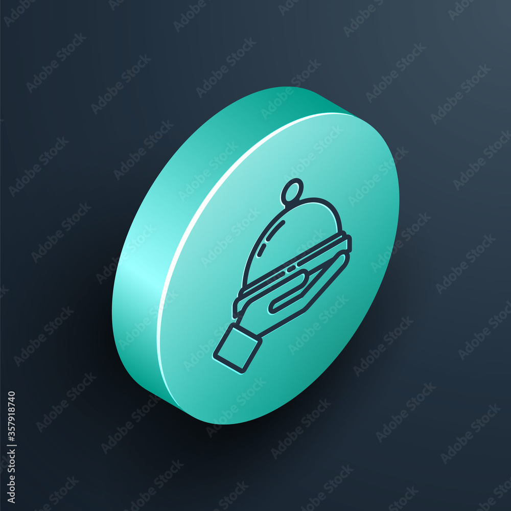 Isometric line Covered with a tray of food icon isolated on black background. Tray and lid sign. Res