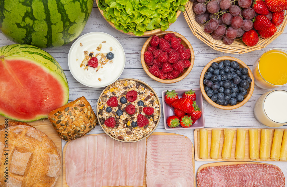 Breakfast in the morning on the table with vegetable,Croissant bread,  Bacon, ham, cheese, lettuce, 