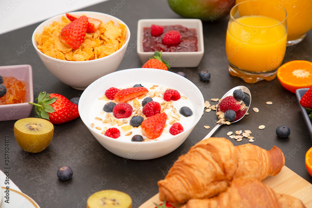 Breakfast Served in the morning with Coffee, Butter croissant and corn flakes Whole grains and raisi