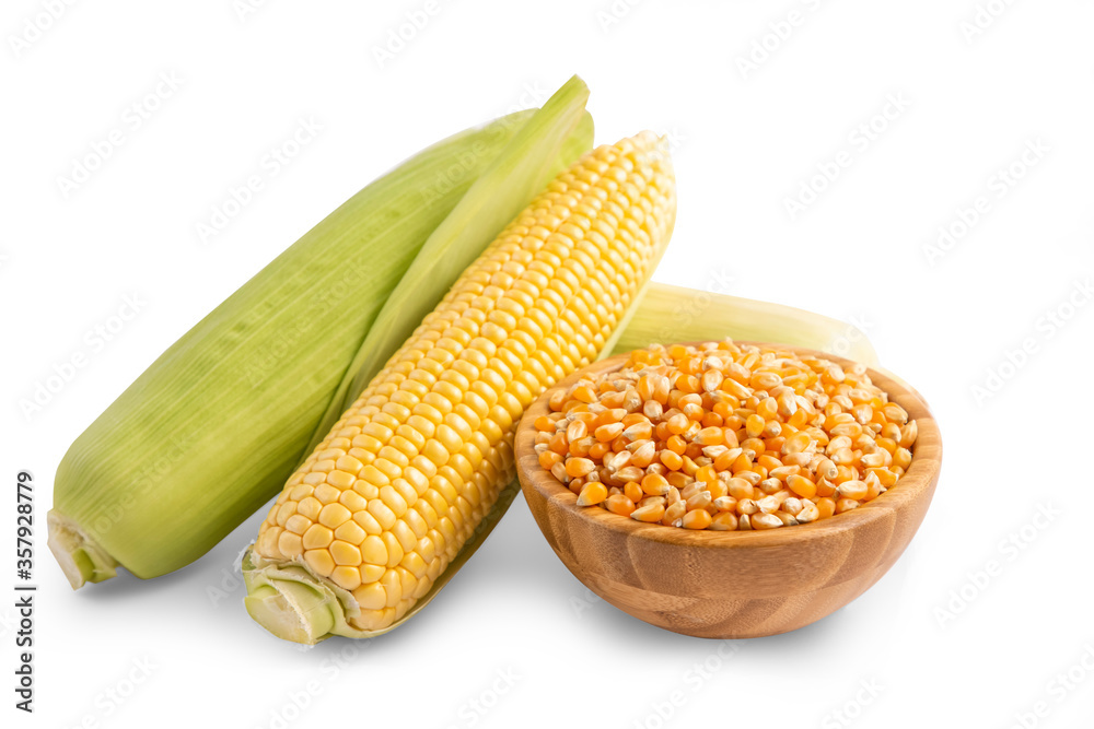 Fresh Corn with leaves and Corn kernels isolated on white background, save with clipping path