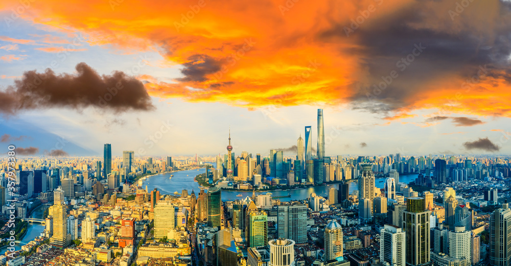 Beautiful Shanghai skyline and city buildings at sunset,China.High angle view.