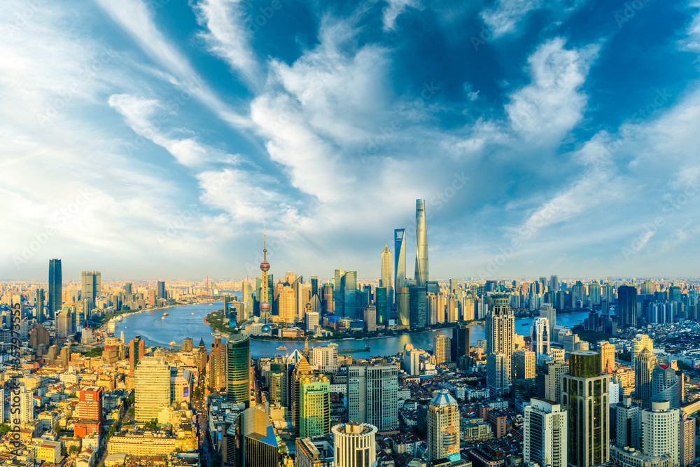 Beautiful Shanghai skyline and city buildings at sunset,China.High angle view.