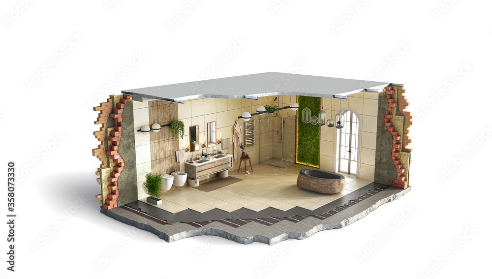 Cross section of modern green bathroom with moss and plants, 3d illustration