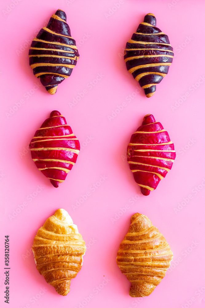 Croissants pattern - set of snacks on pink background