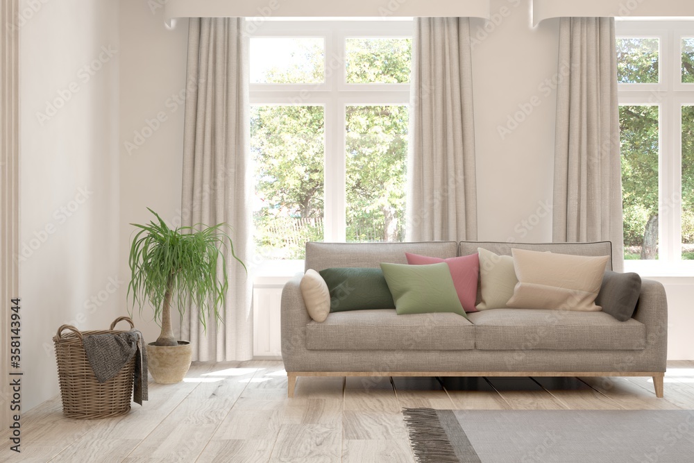 White living room with sofa and summer landscape in window. Scandinavian interior design. 3D illustr