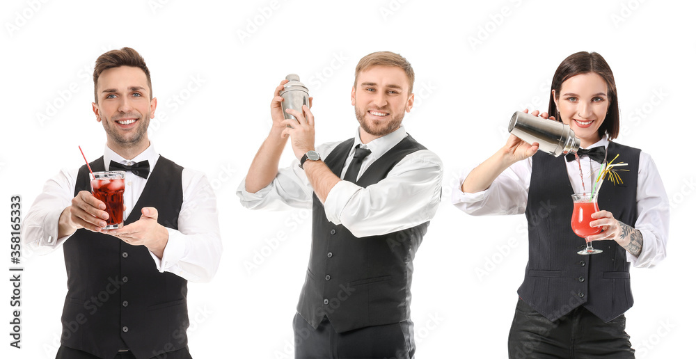 Young bartenders on white background