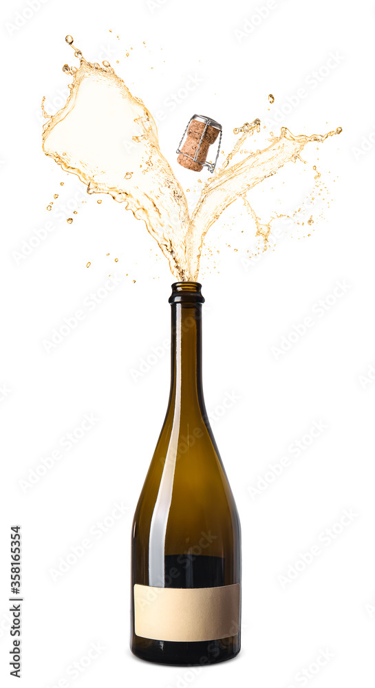 Open bottle of champagne with splash on white background