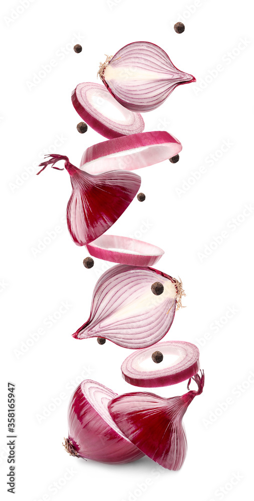 Cut flying onion on white background