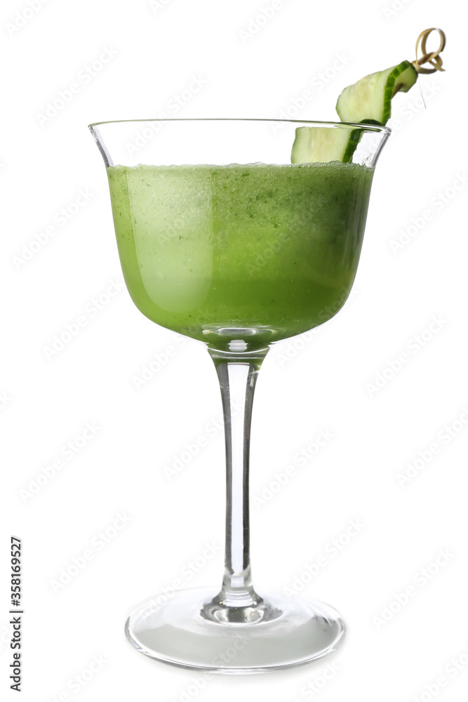 Glass of tasty cucumber martini on white background