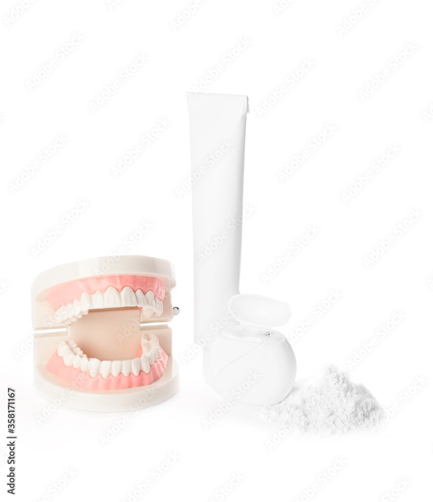 Set for oral hygiene on white background