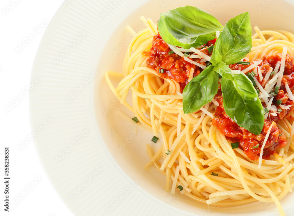 Tasty pasta bolognese on plate, closeup