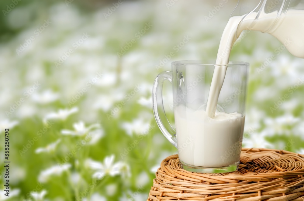 Glass cup of fresh milk on a natural background