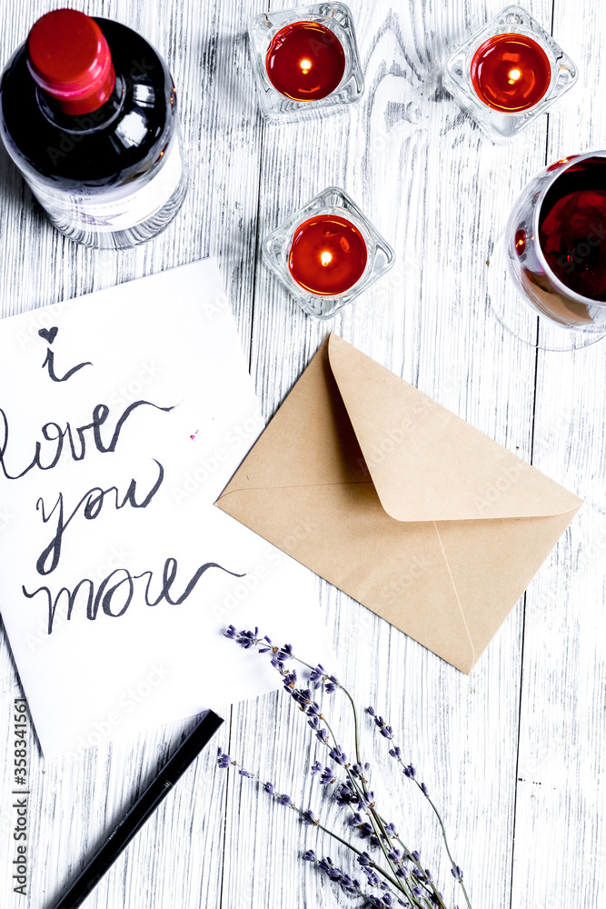 concept Valentine Day love letter wooden background top view