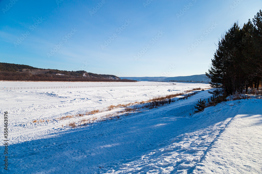 winter landscape with river and mountains
