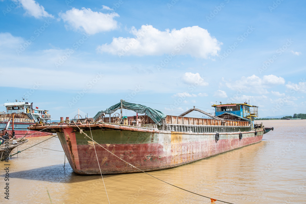 Freight ships on the Jiaomen waterway at the Pearl River estuary in Guangzhou, Guangdong