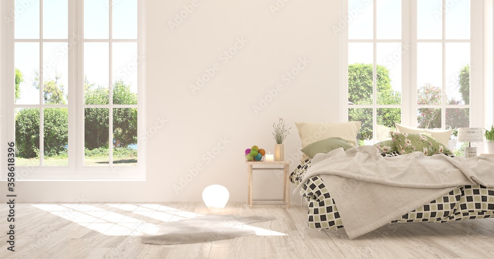 White stylish minimalist bedroom with summer landscape in window. Scandinavian interior design. 3D i