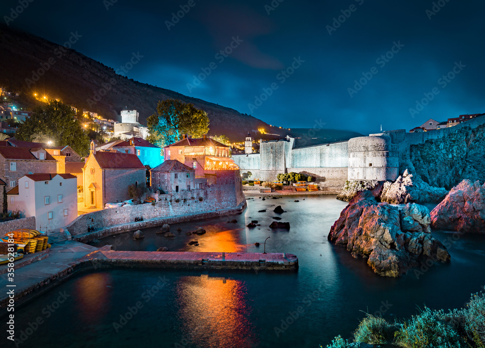 Historic town of Dubrovnik at twilight, Dalmatia, Croatia