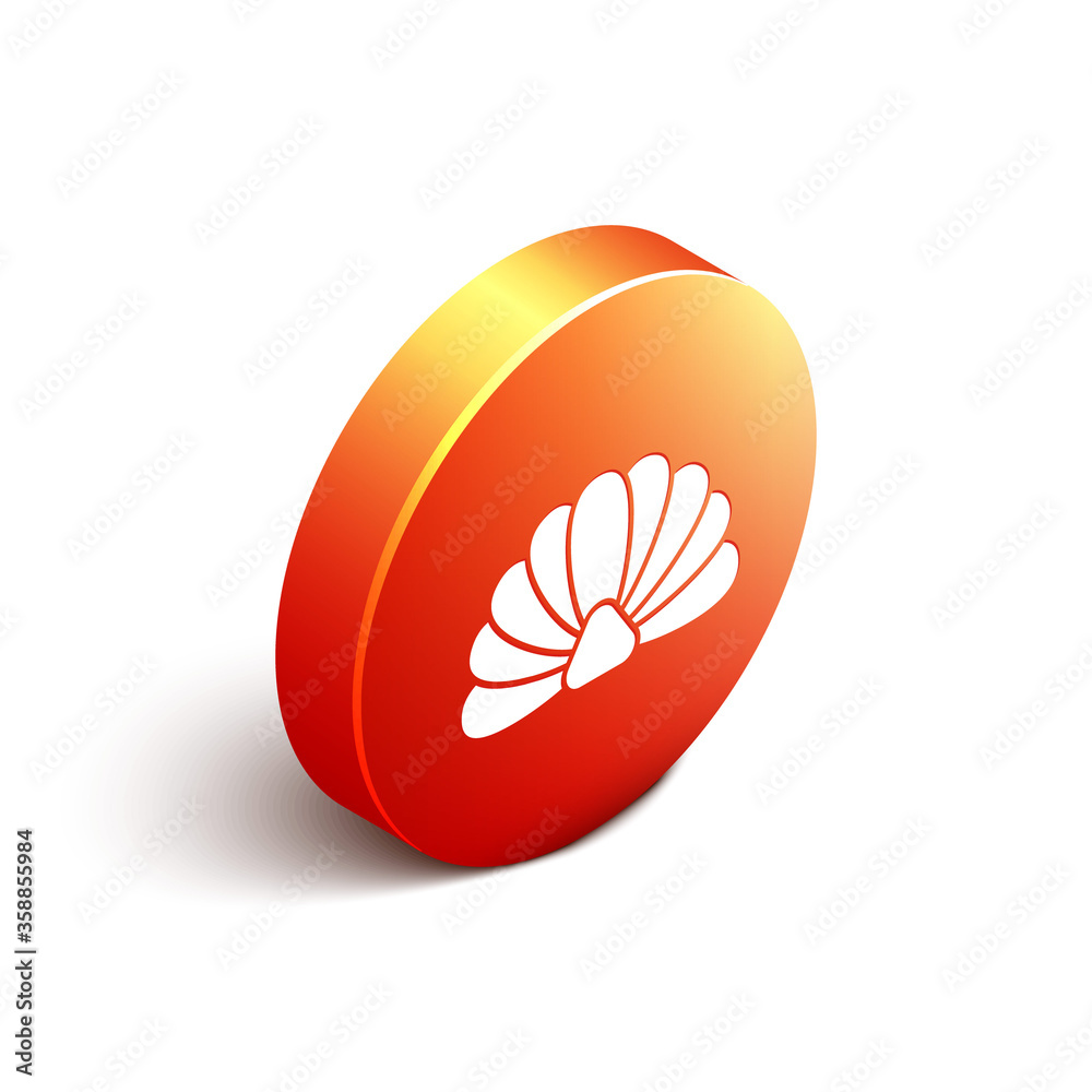 Isometric Scallop sea shell icon isolated on white background. Seashell sign.Orange circle button. V