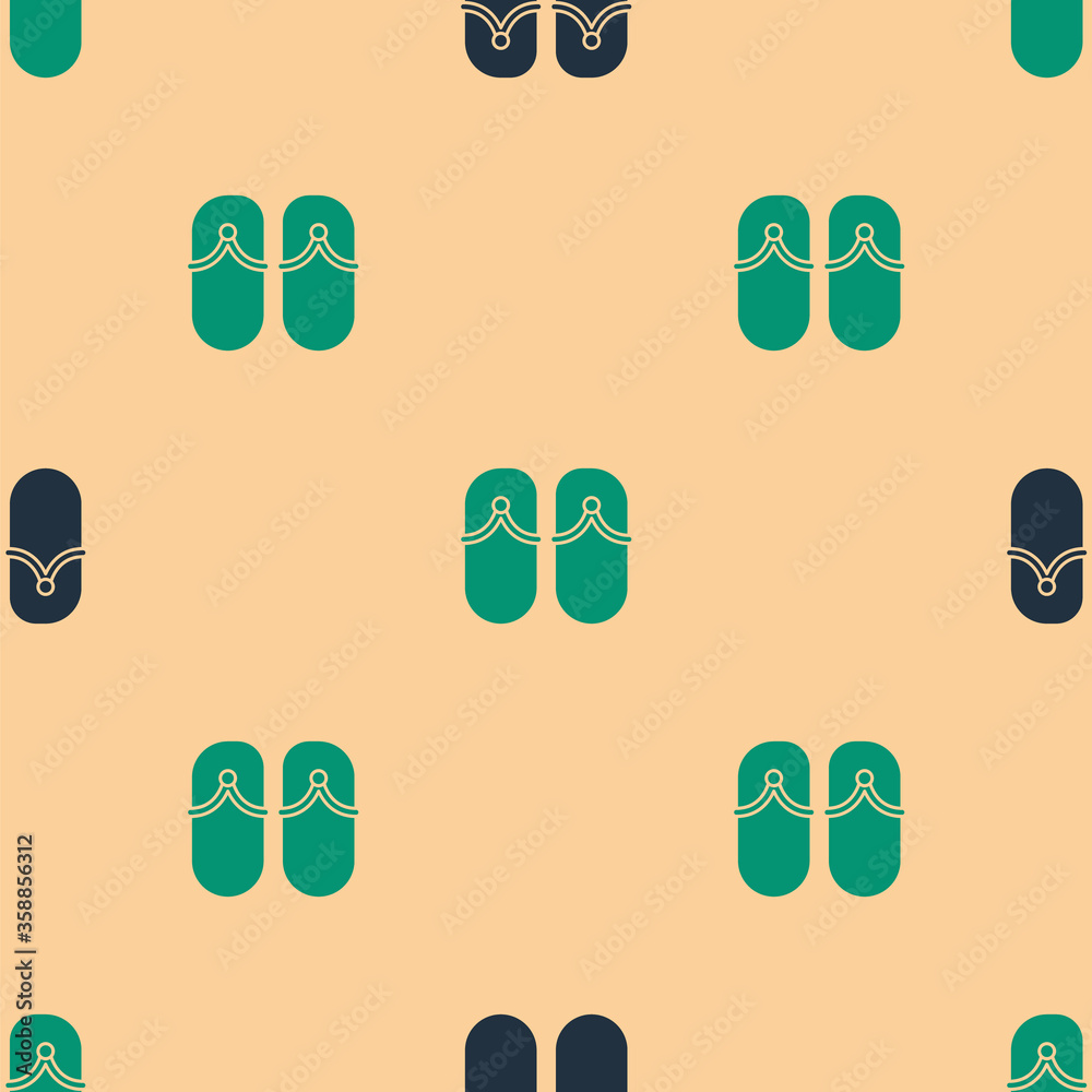 Green and black Flip flops icon isolated seamless pattern on beige background. Beach slippers sign. 