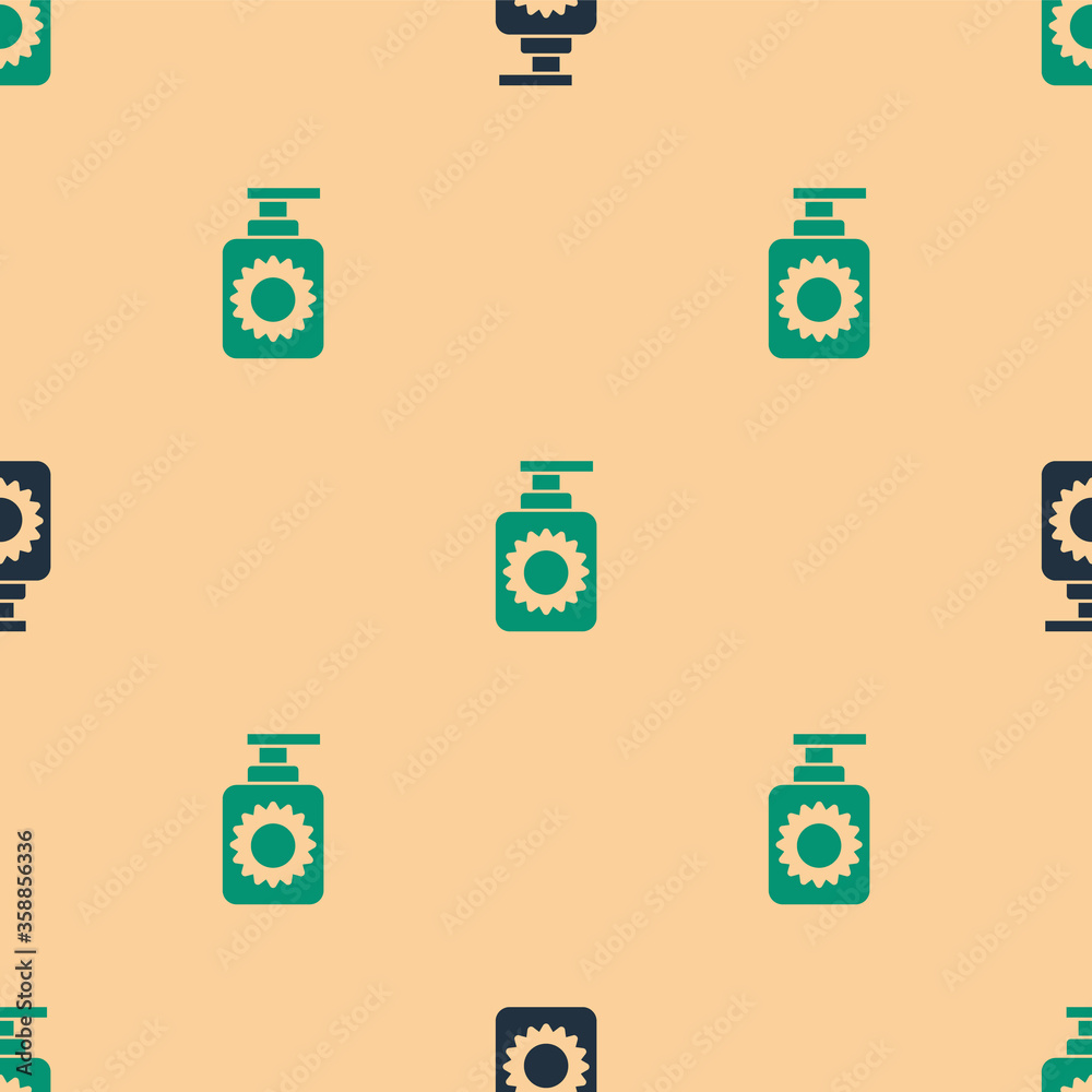 Green and black Sunscreen spray bottle icon isolated seamless pattern on beige background. Protectio